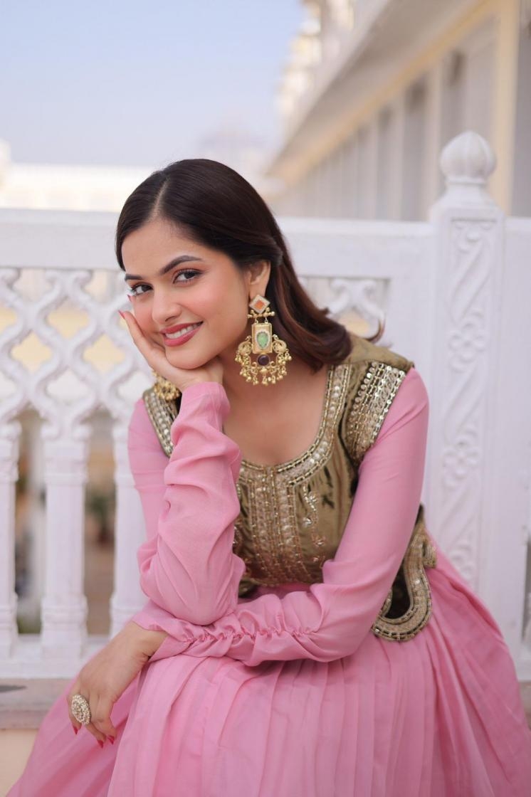 lw 9317 mul chanderi readymade stylish gown with koti