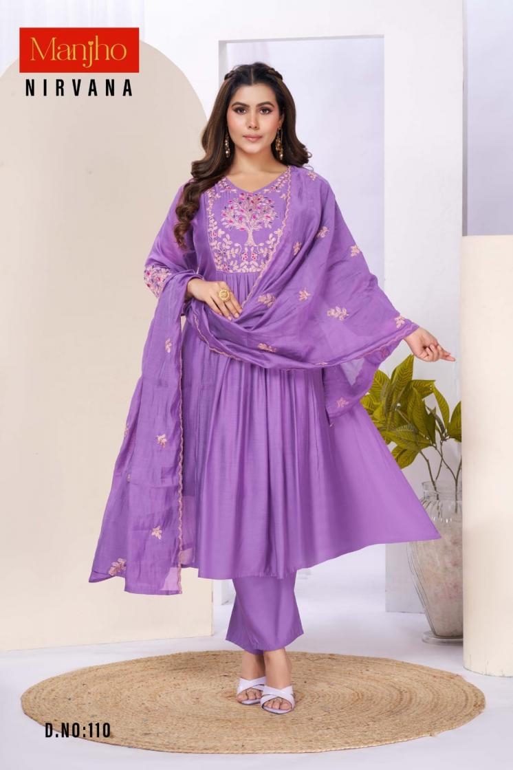 manjho nirvana series 101-112 mul chanderi readymade suit 