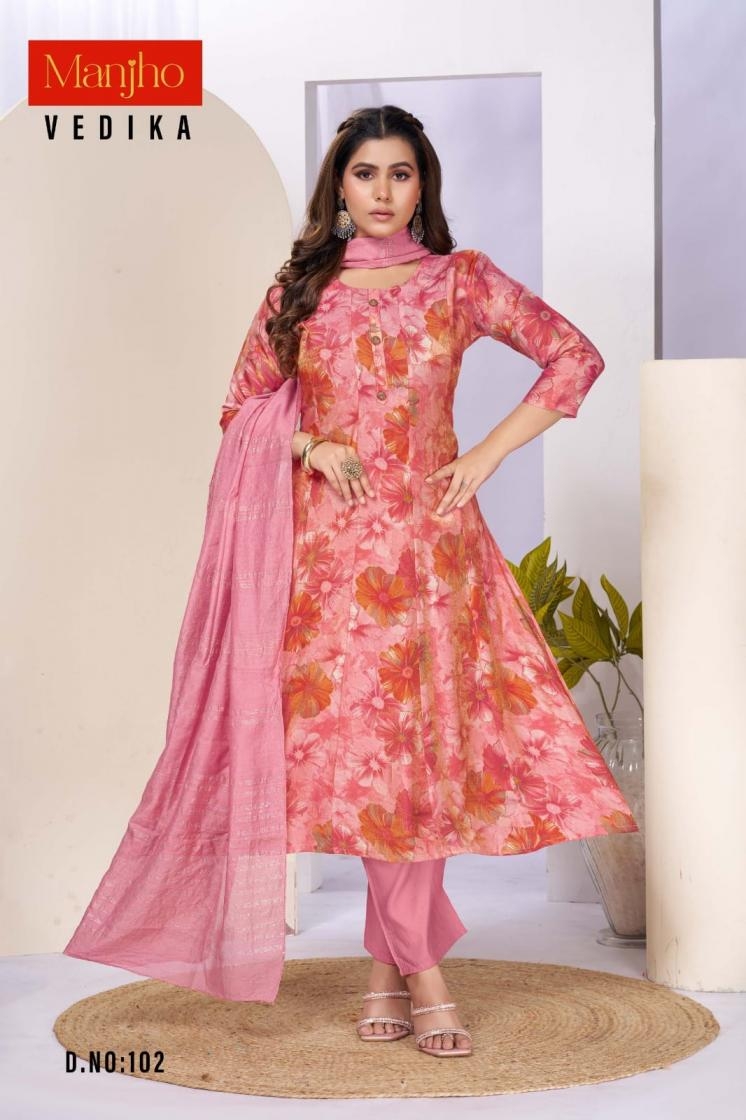 manjho vedika PREMIUM QUALITY GLASS SATIN PRINTS ANARKALI readymade suit