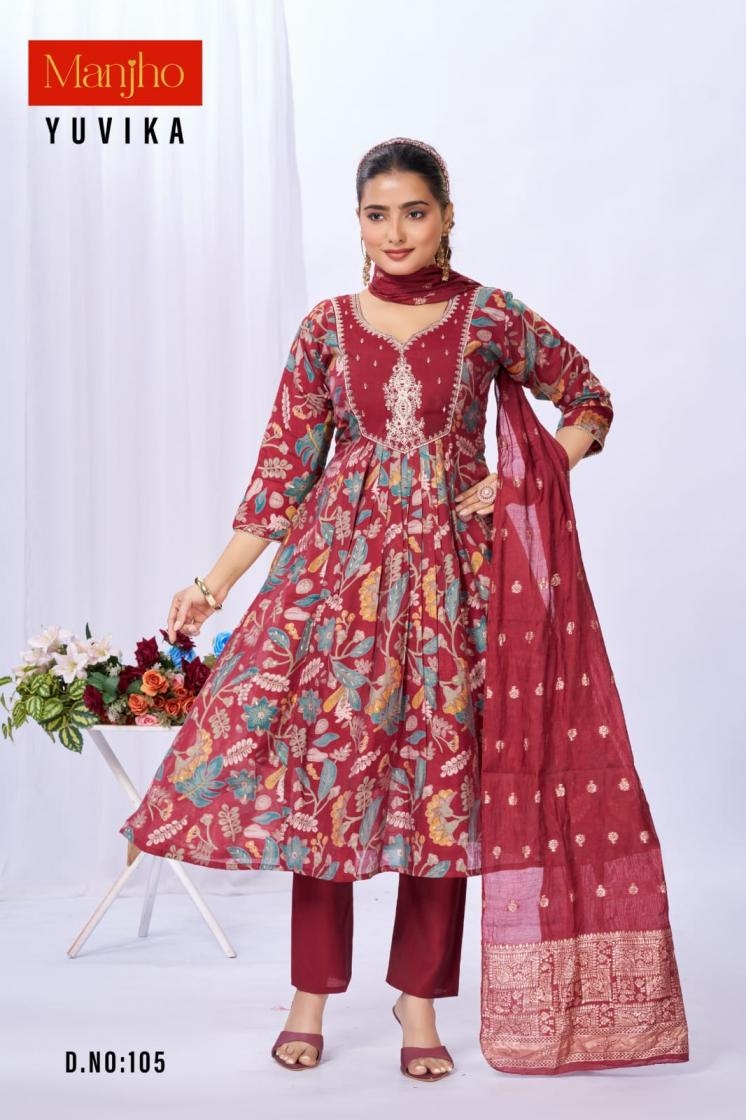 manjho yuvika series 101-118 mul chanderi readymade suit