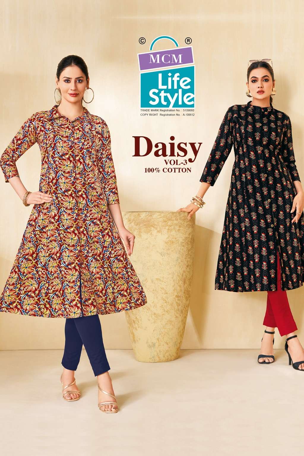 Mcm Daisy Vol-3 series 306-315 Pure Cotton Printed A-Line With Flare Style Kurtis