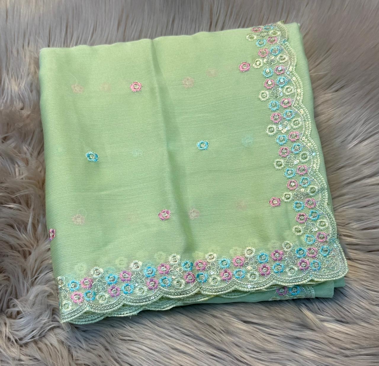 New Arrival Soft Chiffon Silk Saree With Sequince Embroderiy & Thread work