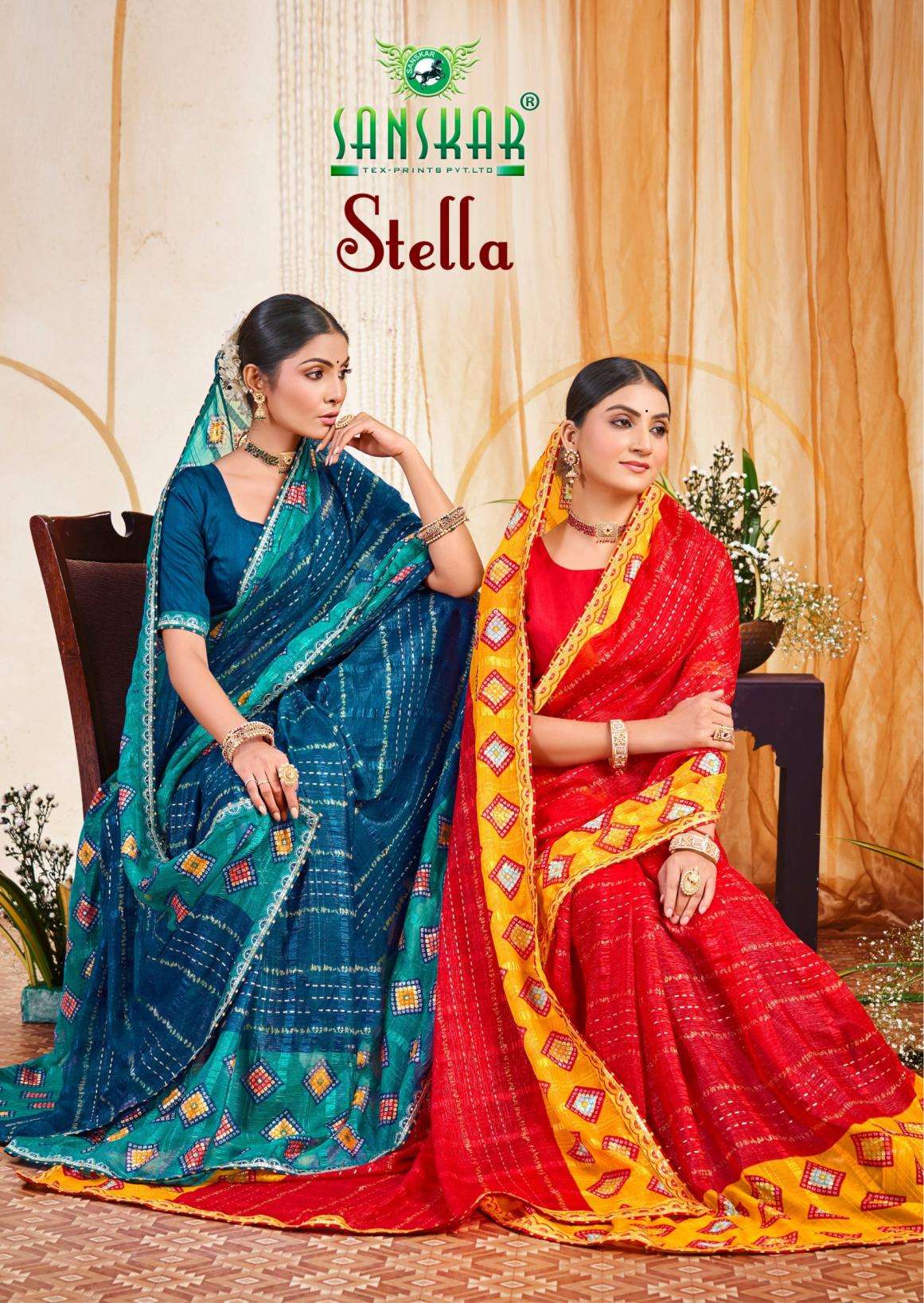 sanskar tex prints stella series 51001-51006 chiffon wholesale saree