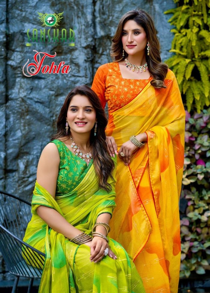 sanskar tex prints tohfa series 71001-71006 chiffon wholesale saree