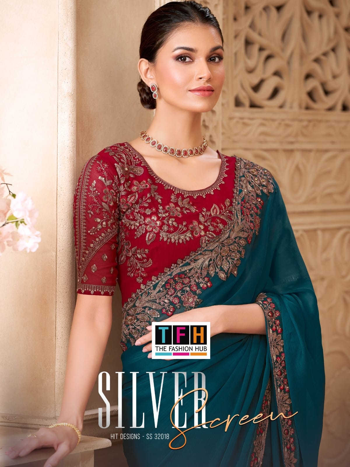 tfh SILVER SCREEN 32018 hit sartin georgette saree & Tussar silk blouse