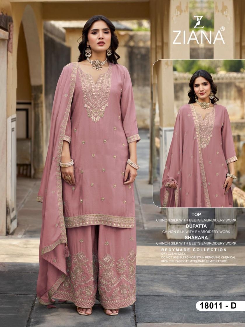 ziana 18011 fashionable chinon silk sharara kurti with dupatta