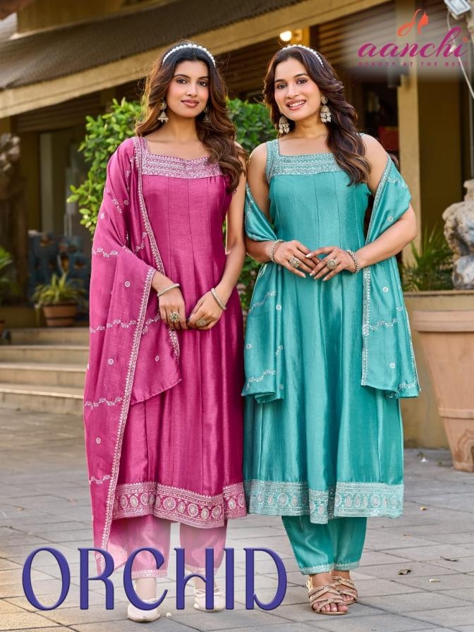 aanchi orchid vichitra silk fancy embroidered readymade suit 