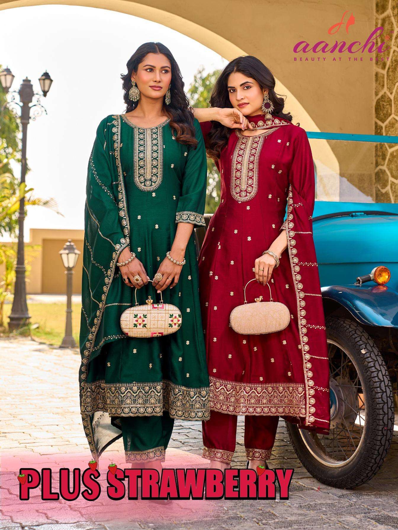 aanchi plus strawberry vichitra silk redaymade wholesale suit 