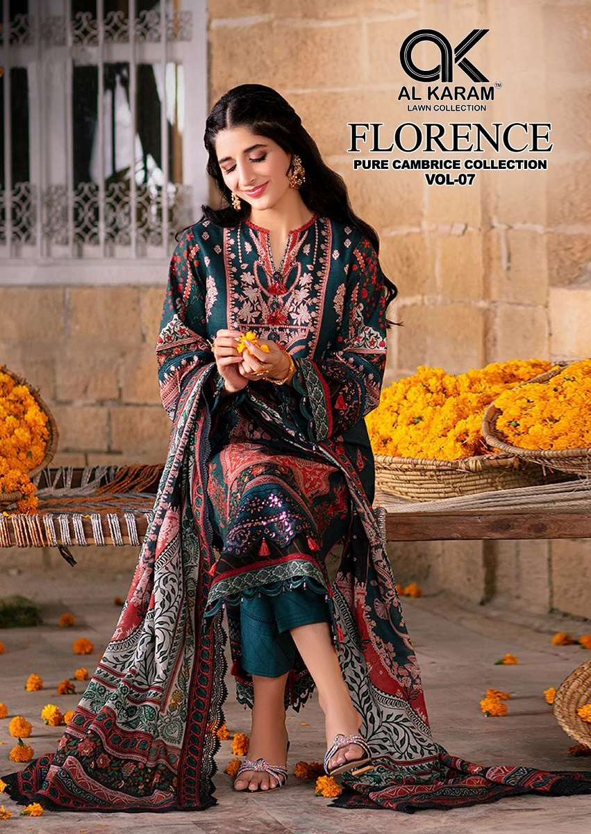 Alkaram Florence Vol-7 series 7001-7006 Pure Cambric Cotton wholesale suit