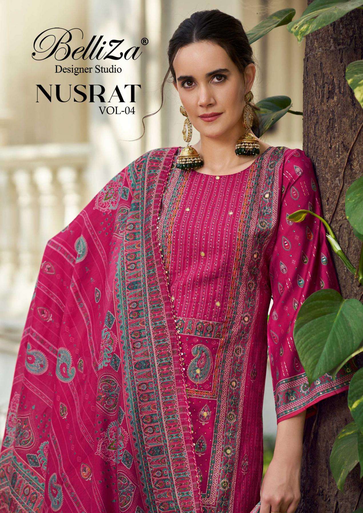 belliza designer nusrat vol 4 series 817001 to 817006 modal viscose muslin full stitch big size pakistani suit in wholesale surat