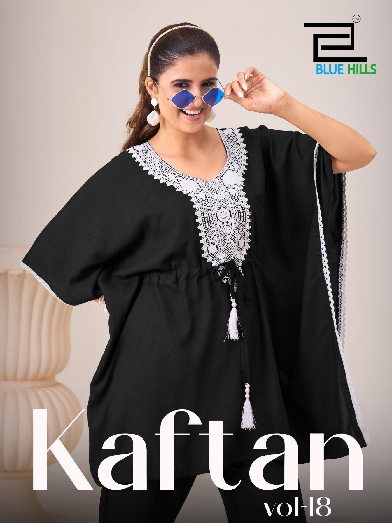 blue hills kaftan vol 18 series 8001-8004 heavy rayon with embroidery neck kaftan