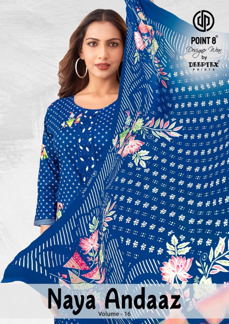 deeptex point 8 naya andaaz vol 16 series 1601 to 1610 cotton fullstitch big size suit in wholesale surat