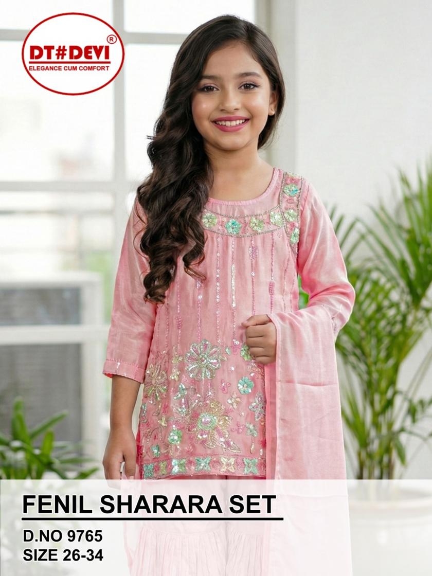 dt devi fenil 9765 premium silk readymade combo kids sharara dress