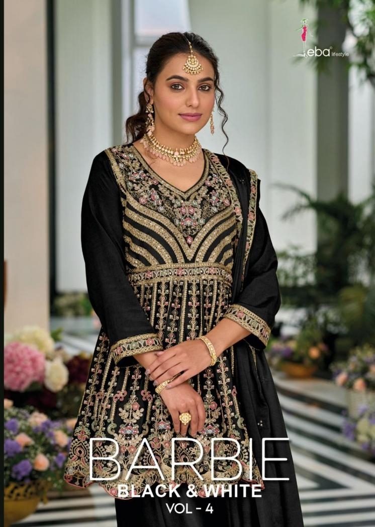 eba lifestyle barbie vol 4 series 1748 to 1749 chinon black & white readymade pakistani plazzo suit in wholesale surat