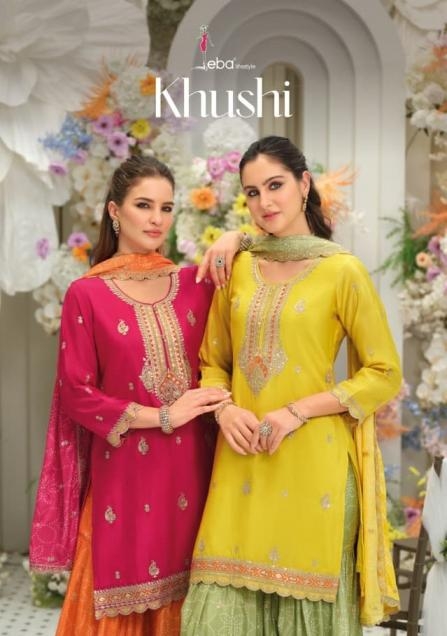 eba lifestyle khushi series 2342 to 2343 chinon fully stitch pakistani plazzo suits in wholesale surat