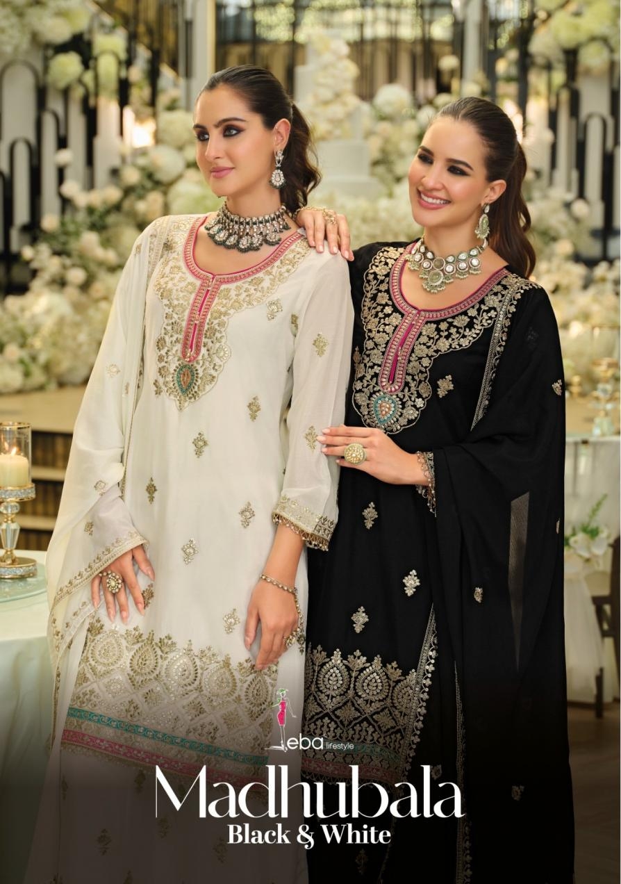 eba lifestyle madhubala black & white series 2313 to 2314 chinon fully stitch pakistani plazzo suit in wholesale surat