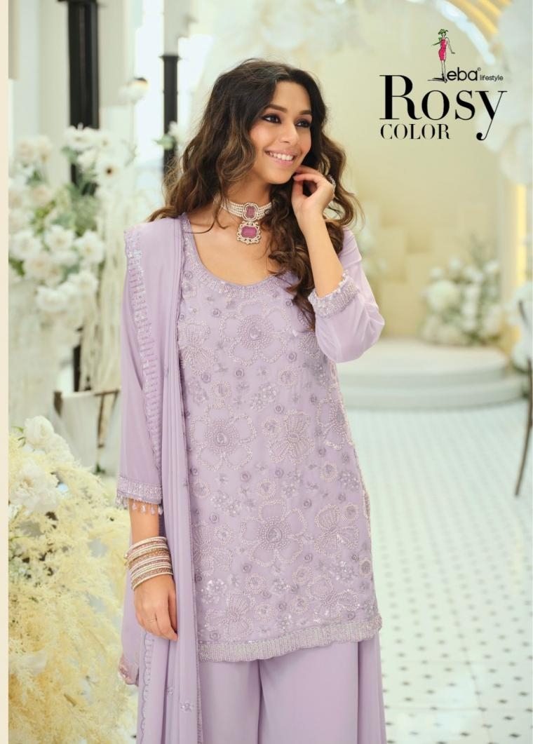 eba lifestyle rosy color series 2328A to 2328C georgette readymade plazzo style suit in wholesale surat