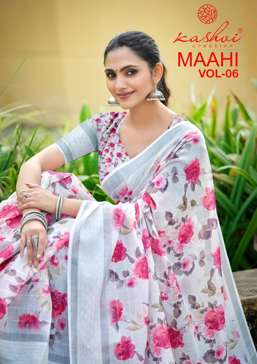 kashvi creation maahi vol 6 series 601 to 608 linen weaving saree in wholesale surat
