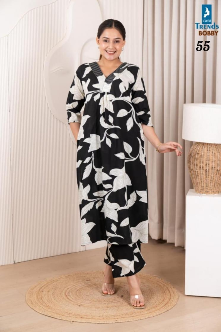 kaya bobby series 51-56 readymade rayon printed combo v-neck cord sets