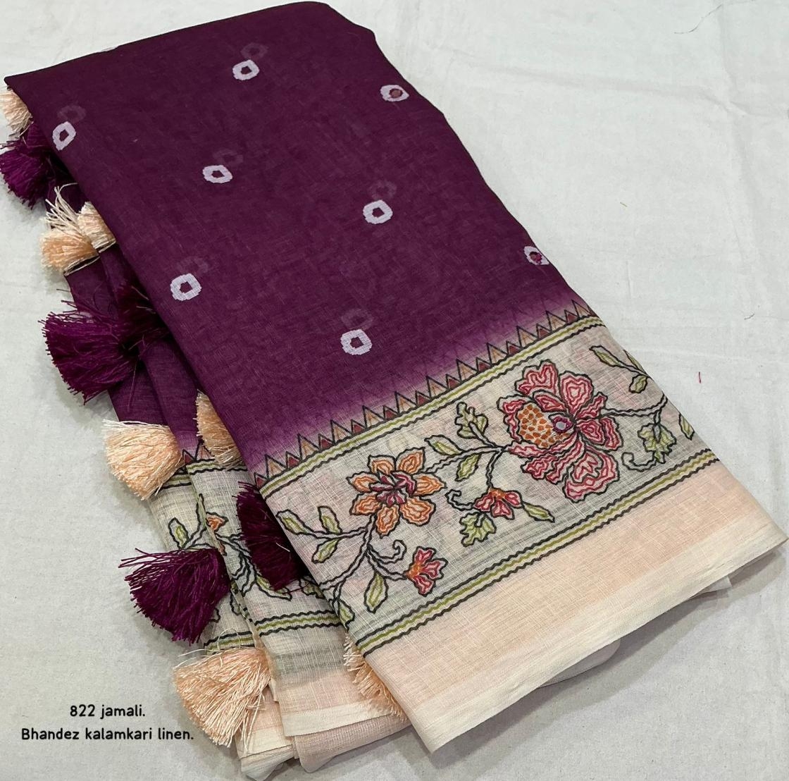 kc 822 bandhani linen kalamkari best saree online