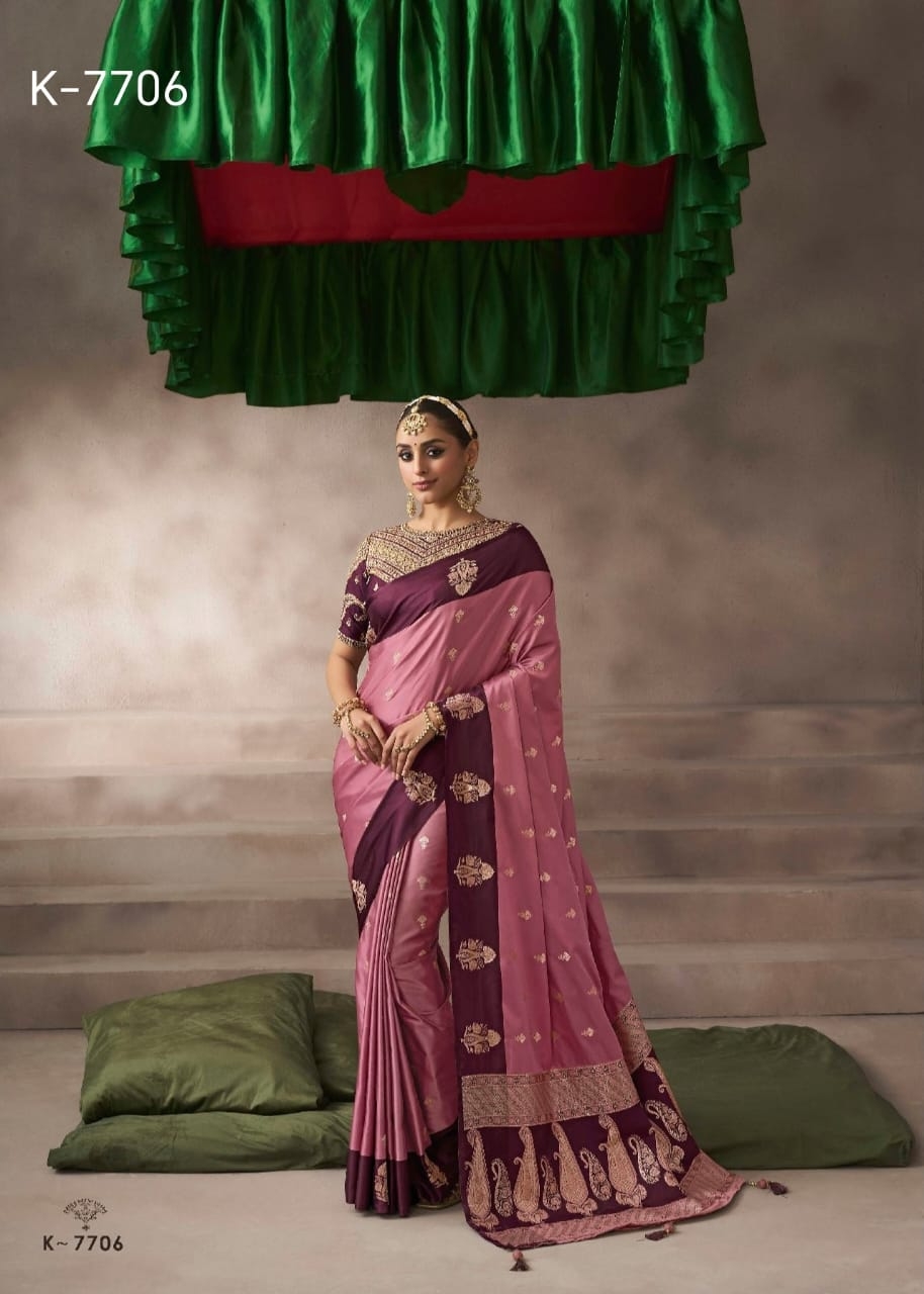Kira Kalki Silk Pure Satin Silk wholesale saree with Raw Silk Base Blouse 