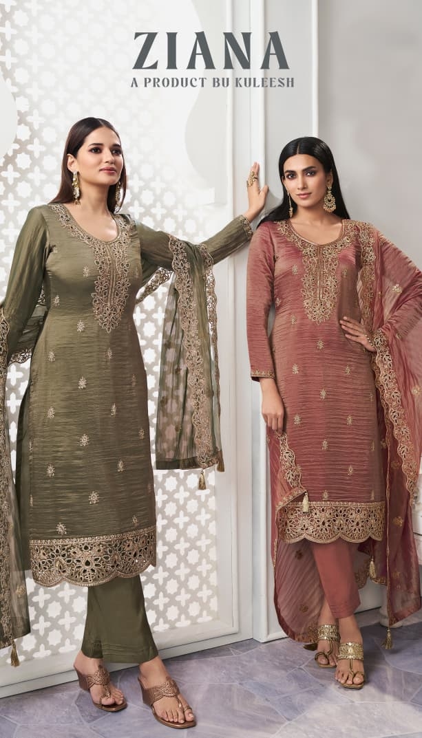 KULEESH ZIANA ZARI AND SEQUENCE EMBROIDERED SOFT GOLD SILK wholesale suit