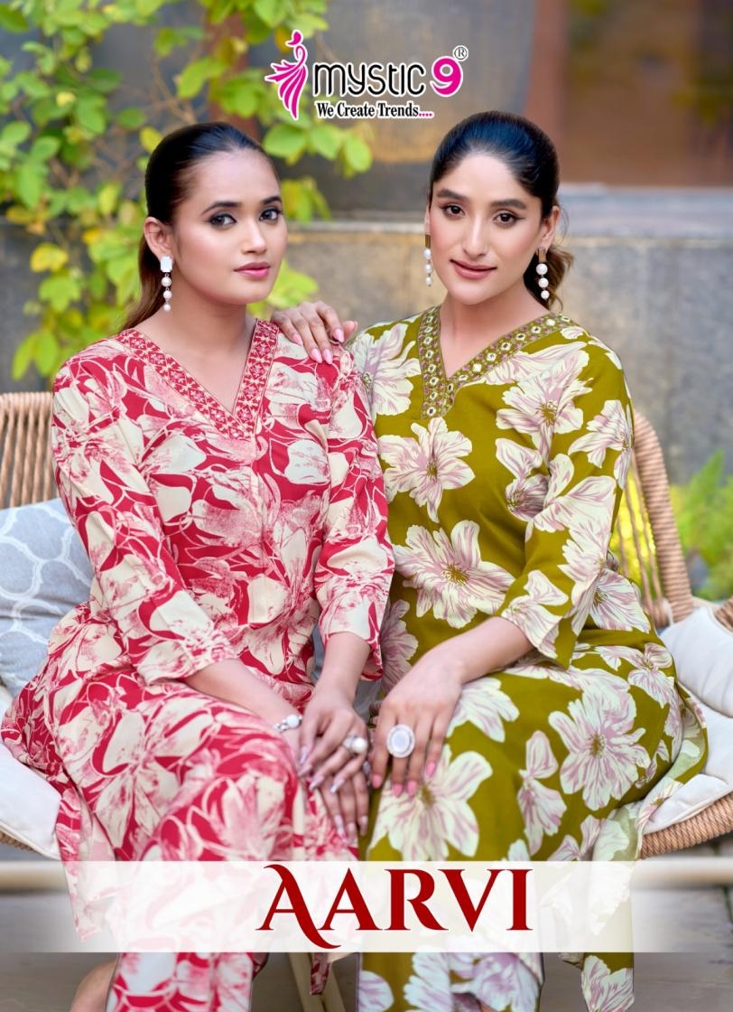 mystic9 aarvi vol 1 series 1001 to 1010 fully stitch stylish viscose co-ord set in wholesale surat