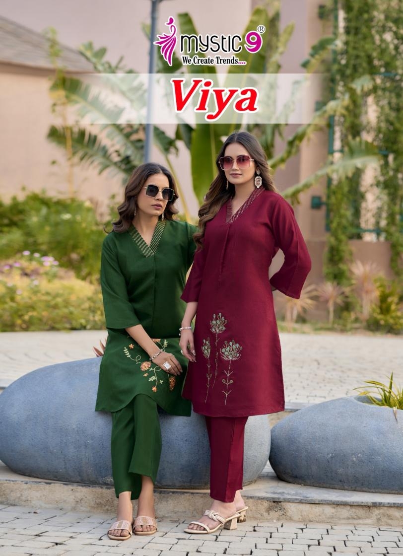 mystic9 viya vol 1 series 1001 to 1008 shiny silk full stitch co-ord sets in wholesale surat