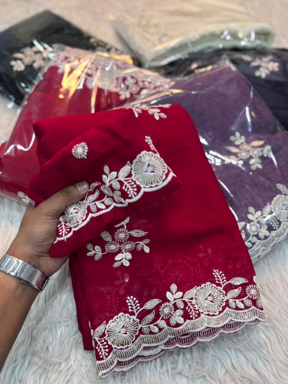 New Arrivals 012 Crush Silk Saree With Fancy Sequince Embroderiy Work & Fancy Blouse