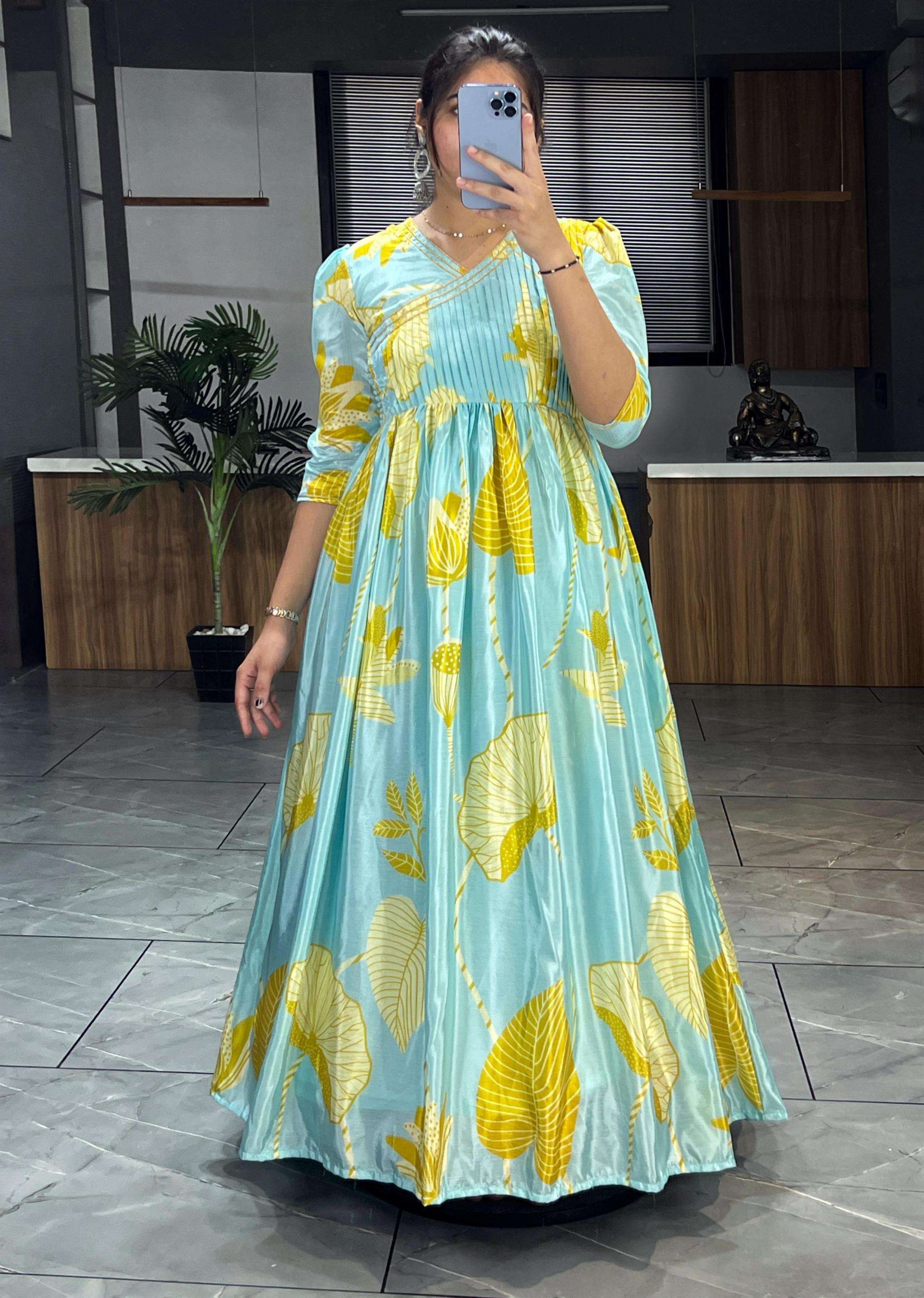 pr grtn6027 fully stitch chinon floral printed gown with dupatta in wholesale surat