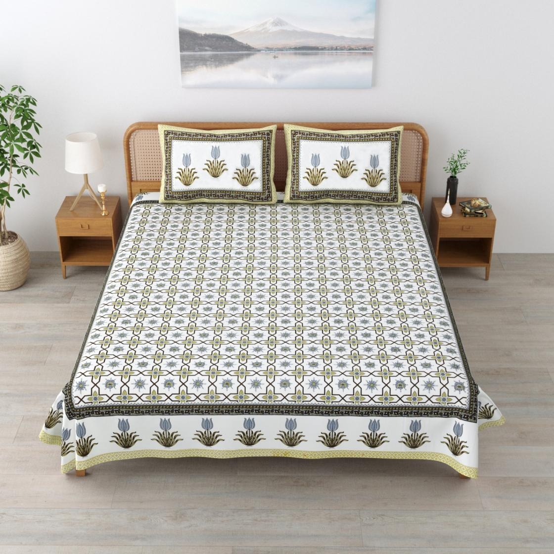 pr gulmohar king size cotton hand block stitch bedsheet with 2 pillow covers in wholesale surat