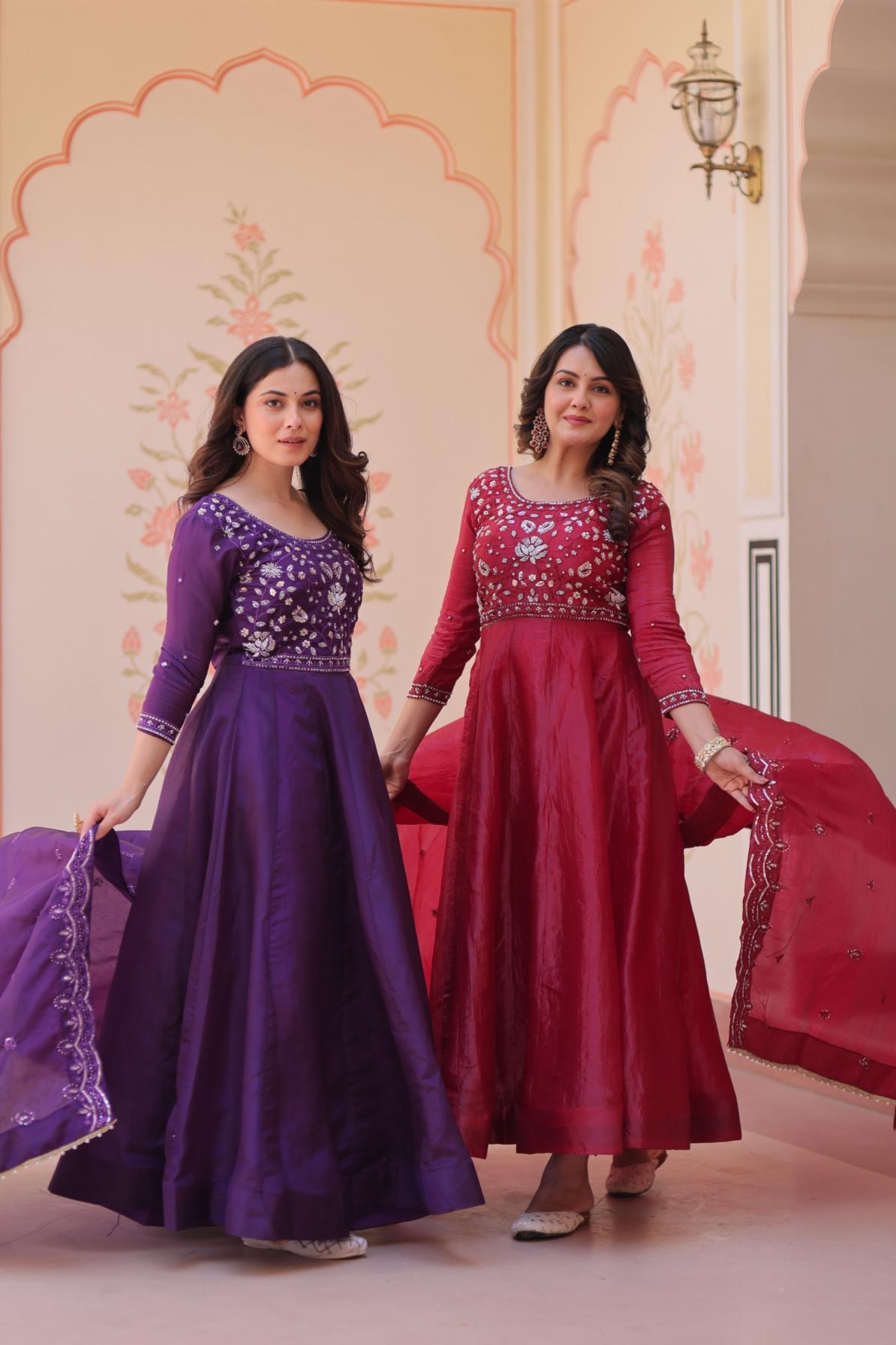 pr ka 1230 gold crush full stitch embroidery work gown with dupatta in wholesale surat