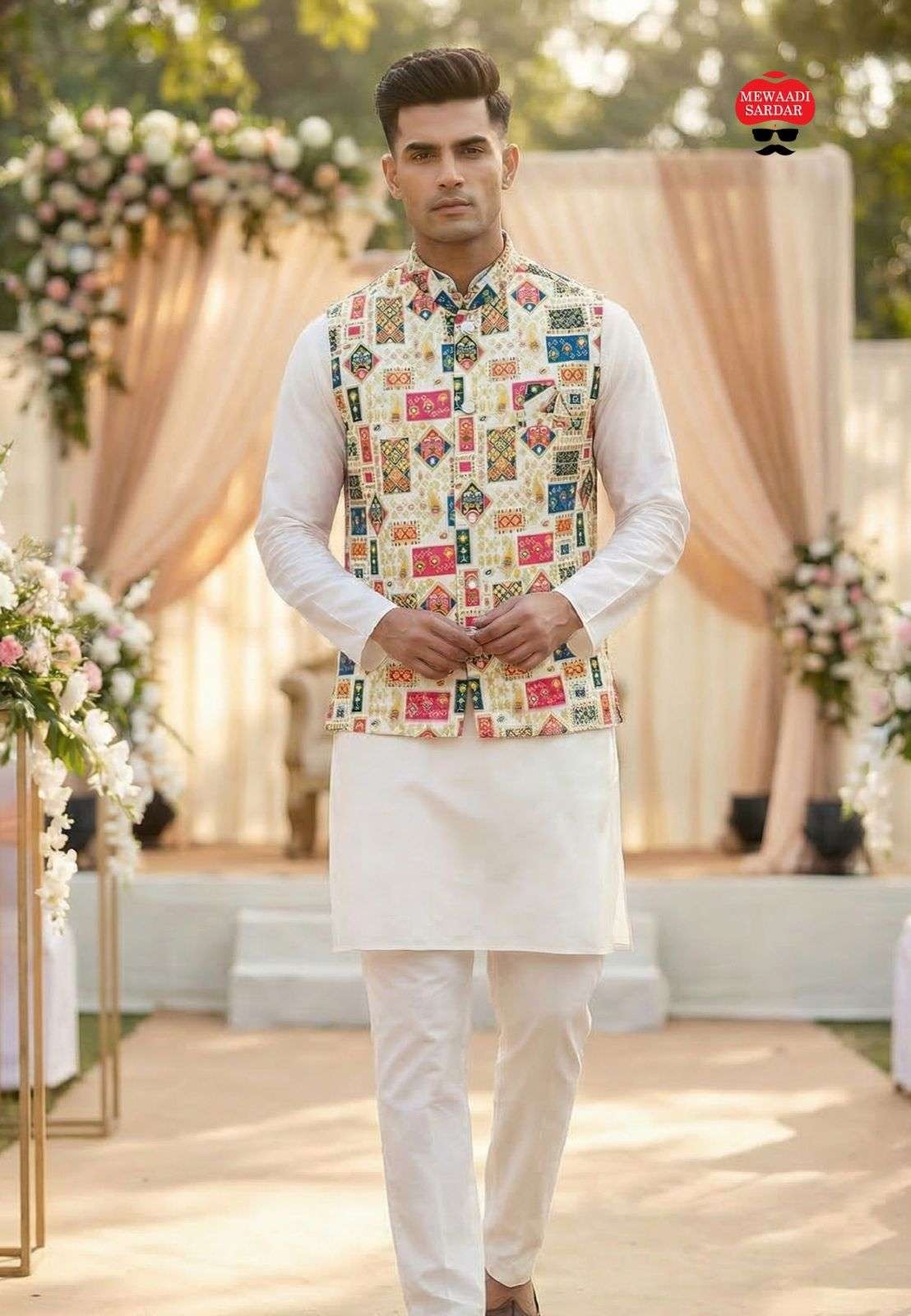 pr raj tilak malai satin fully stitch mens kurta pajama with koti in wholesale surat