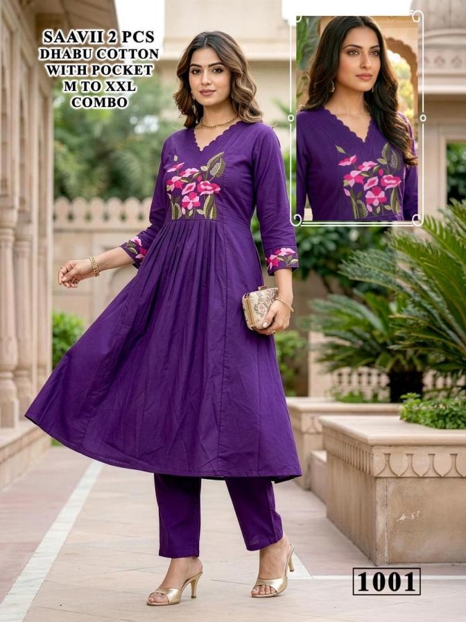 pr saavii series 1001 to 1008 dhabu cotton stylish fully stitch combo kurti with pant in wholesale surat