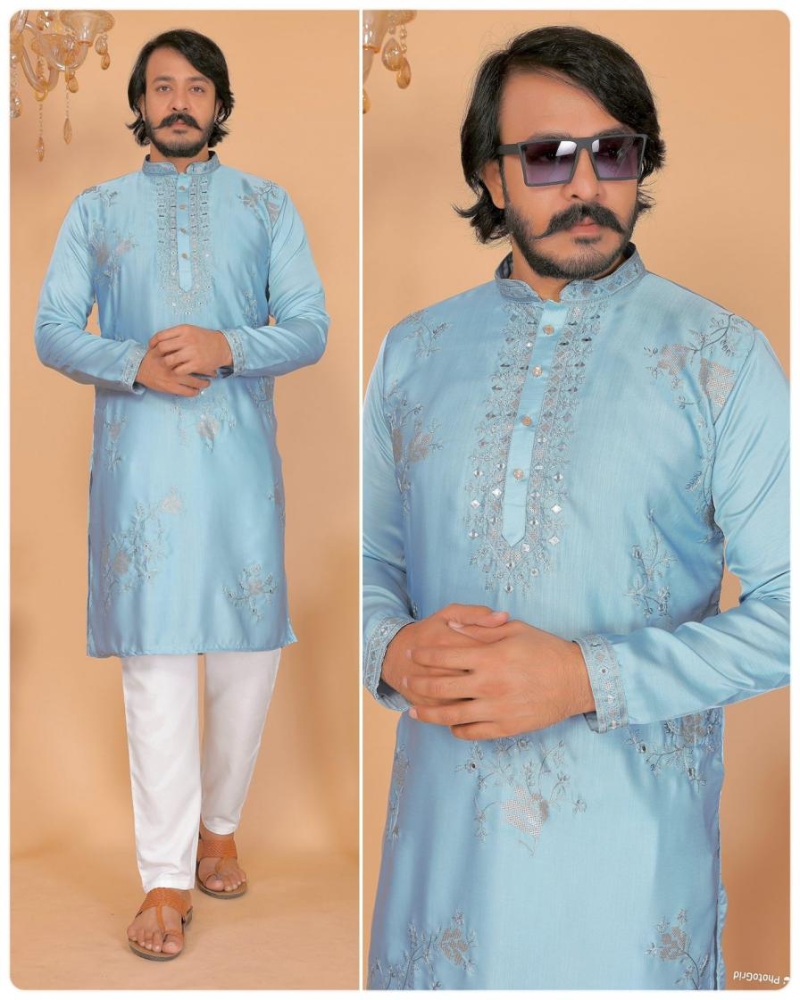 pr utsav 11.0 viscose silk fully stitch embroidery mens kurta pajama in wholesale surat