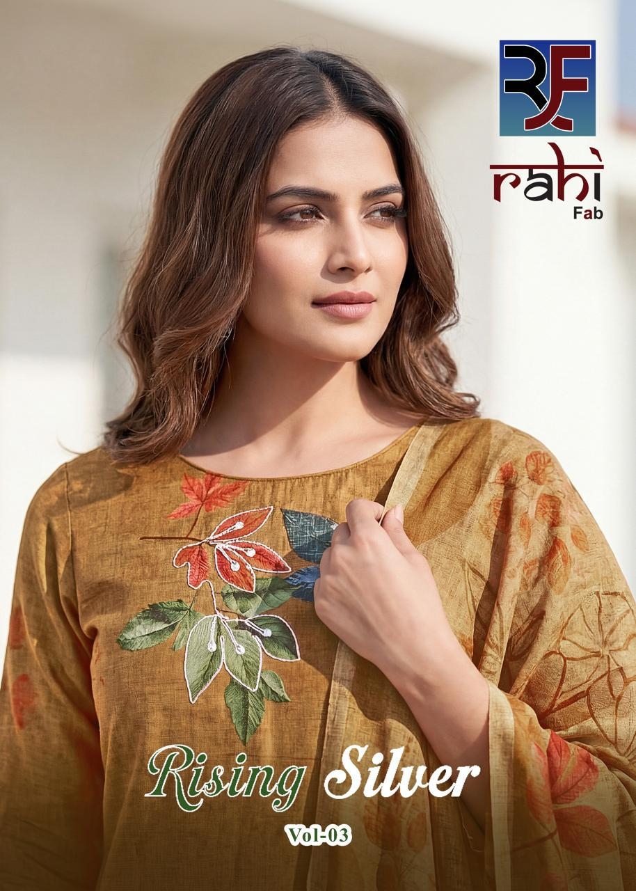 Rahi Fab Rising Silver Vol-3 series 3001-3008 Pure Jaam Satin Organic Print Wholesale suit