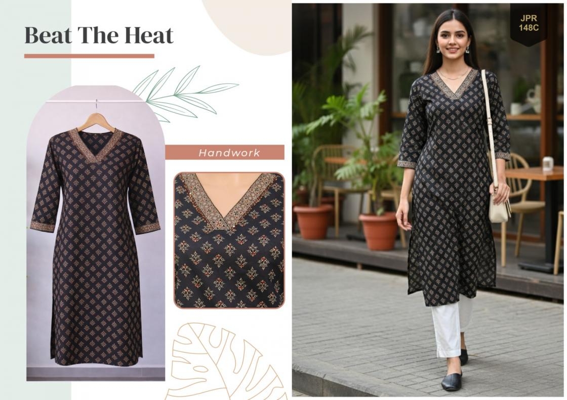 rajnandini aarohi series 145 to 148 cotton jaipuri printed readymade long kurti in wholesale surat