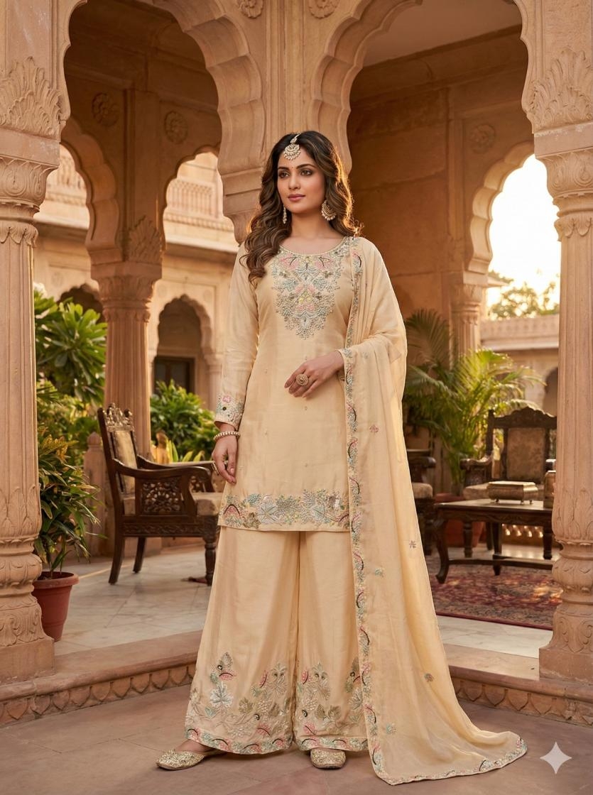 ruhani chinon embroided readymade palazzo kurti dupatta