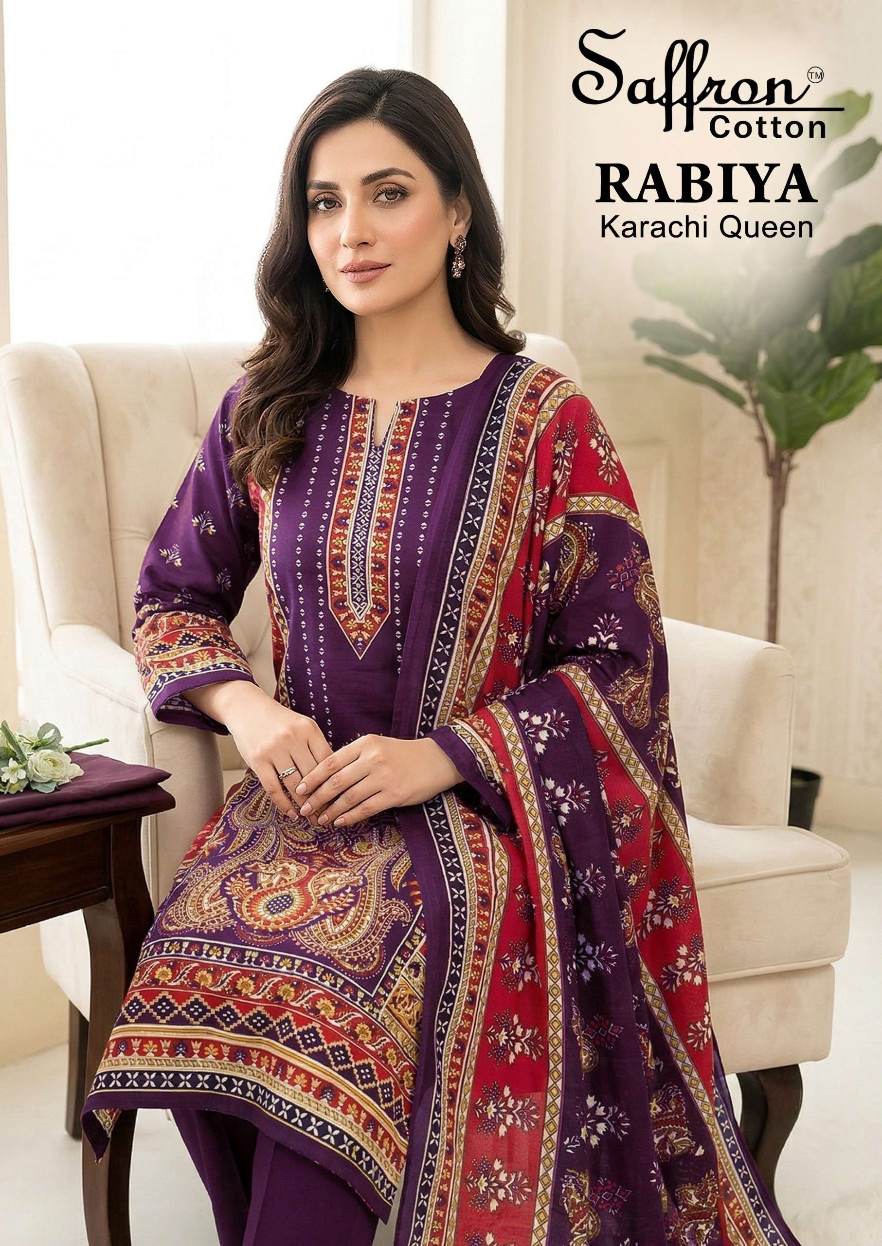 Saffron Rabiya Karachi Queen series 8001-8008 Pure Soft Cotton wholesale suit 