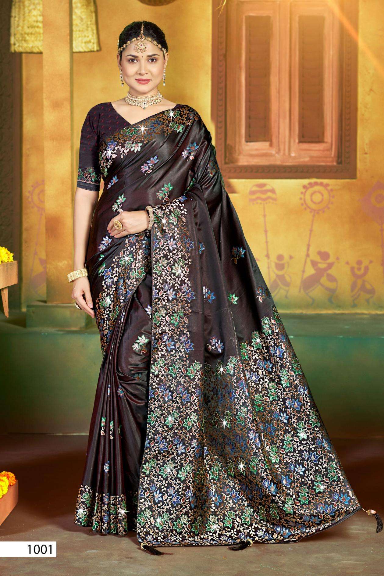 Saroj Tantra satin saroski vol.1 series 1001 to 1004 satin silk saree in wholesale surat