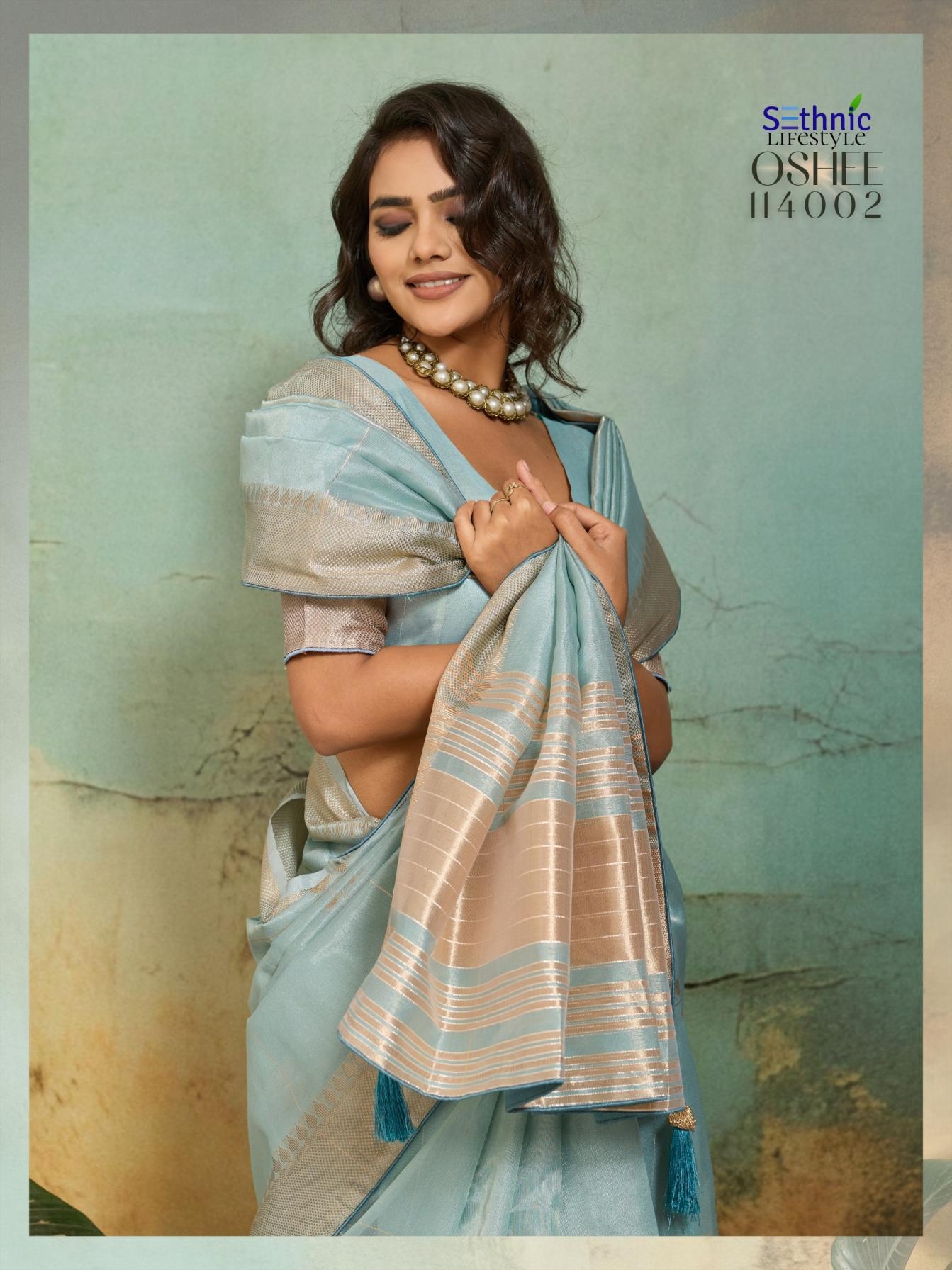 sethnic lifestyle oshee vibe series 114001 to 114004 elegance tissue linen saree in wholesale surat