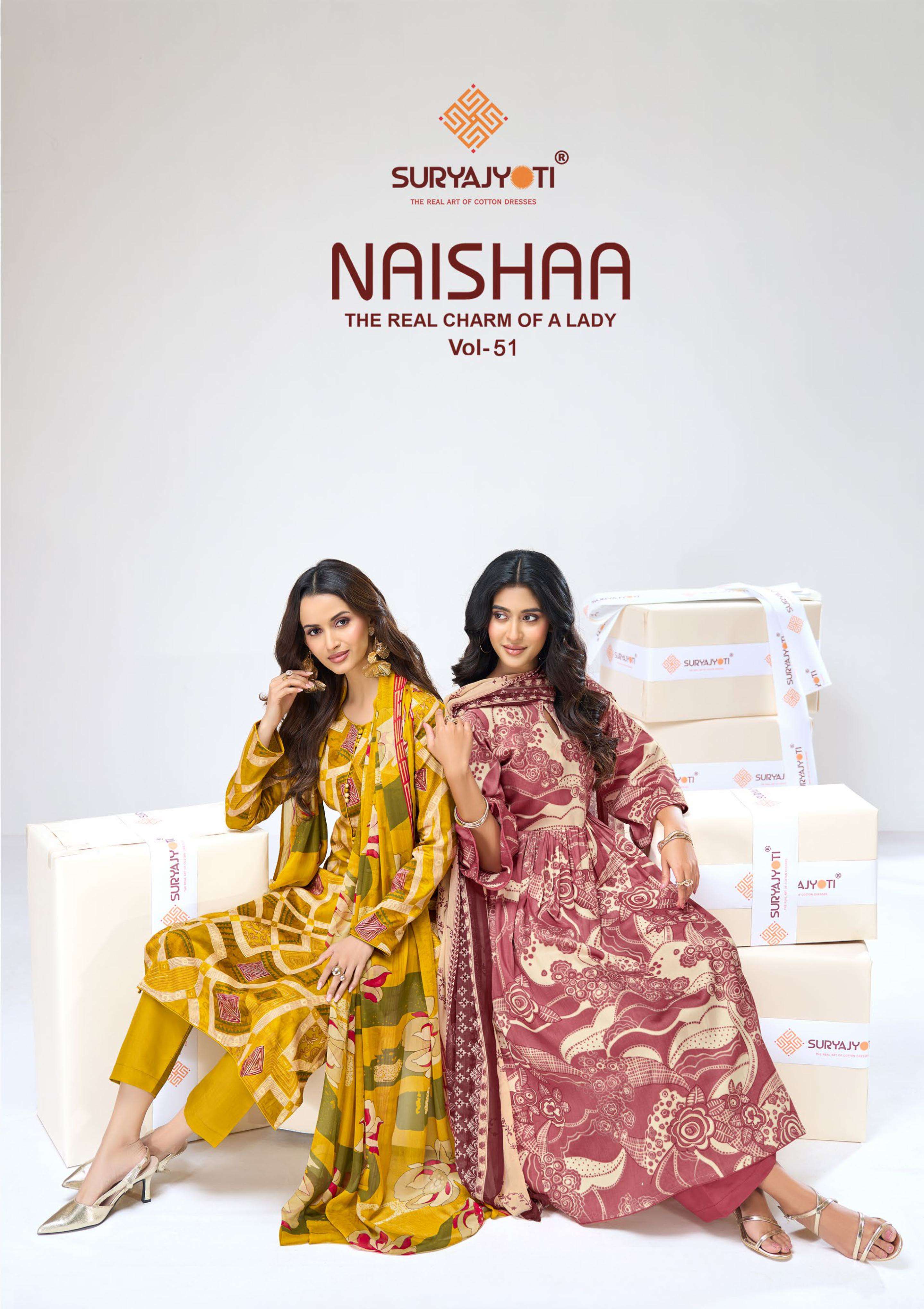 Suryajyoti Naisha Vol-51 series 51001-51010 Jaam Satin wholesale suit