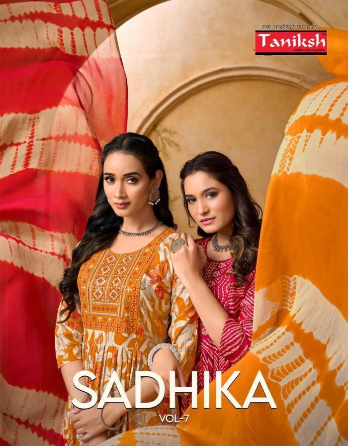 taniksh sadhika vol 7 series 7001 to 7008 rayon fully stitch suit in wholesale surat