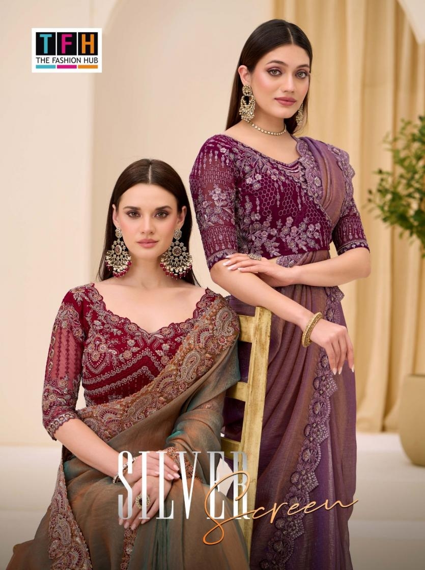 tfh silver screen vol 23 series 33001-330018 satin chiffon wholesale saree