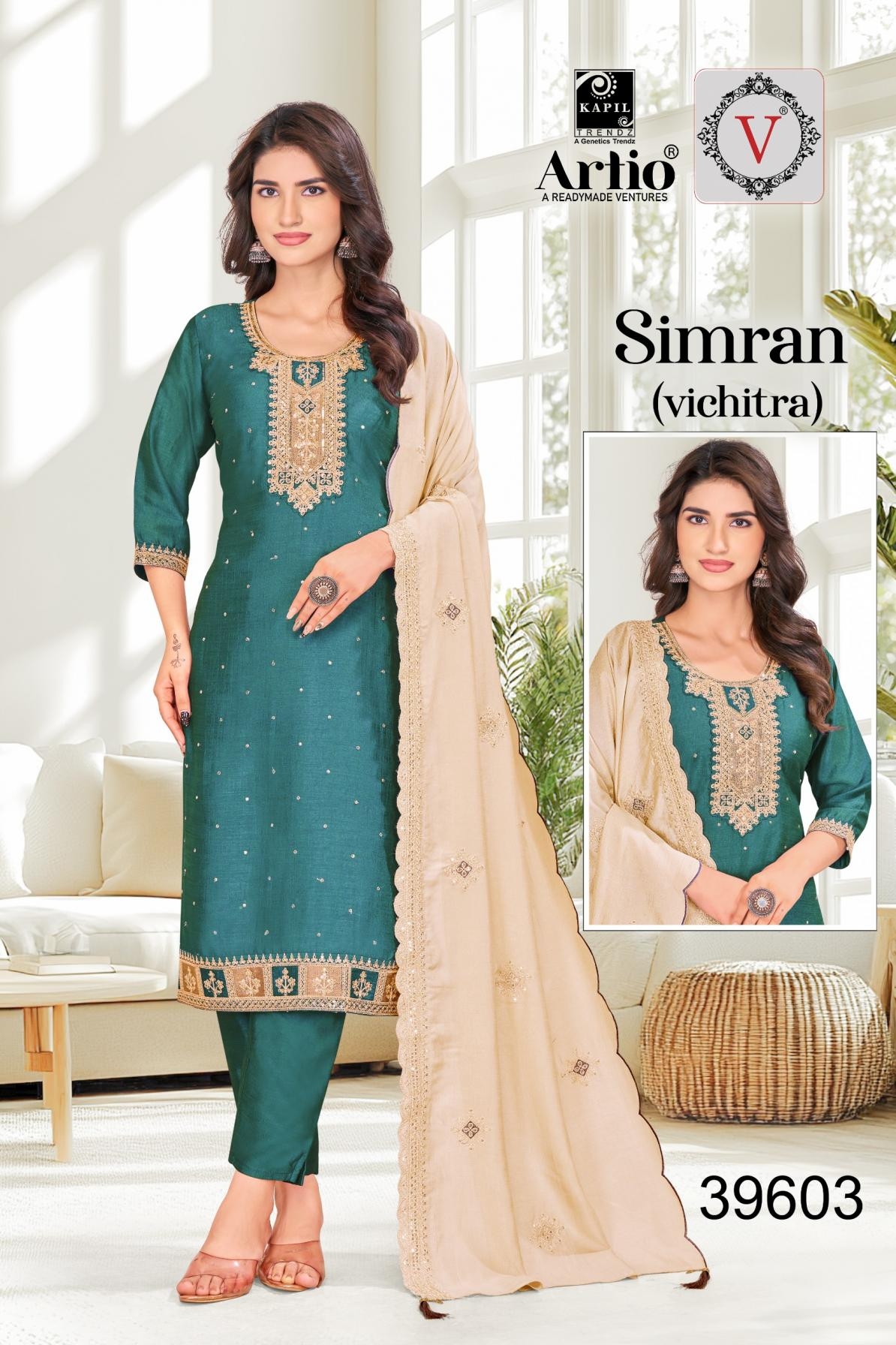 veda kapil trendz simran series 39601 to 39604 vichitra silk full stitch combo suits in wholesale surat