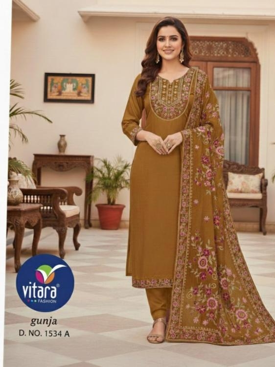 vitara fashion gunja series 1534 A to C readymade classic chinon satin combo suit in wholesale surat