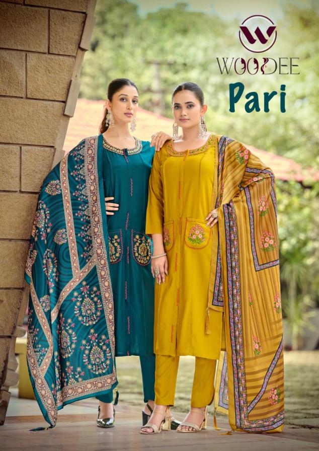 woodee pari series 1001 to 1006 fully stitch rayon suit in wholesale surat