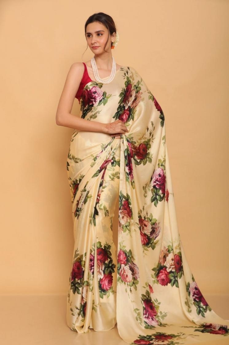 ysc japan satin floral printed casual saree for womens