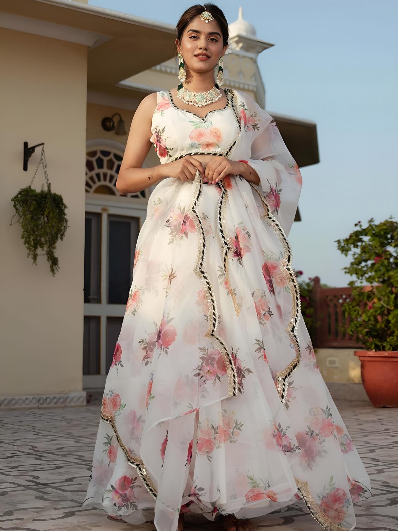 zeel cloothing 15052 Organza Digital Floral Print with Gota Lace lehenga