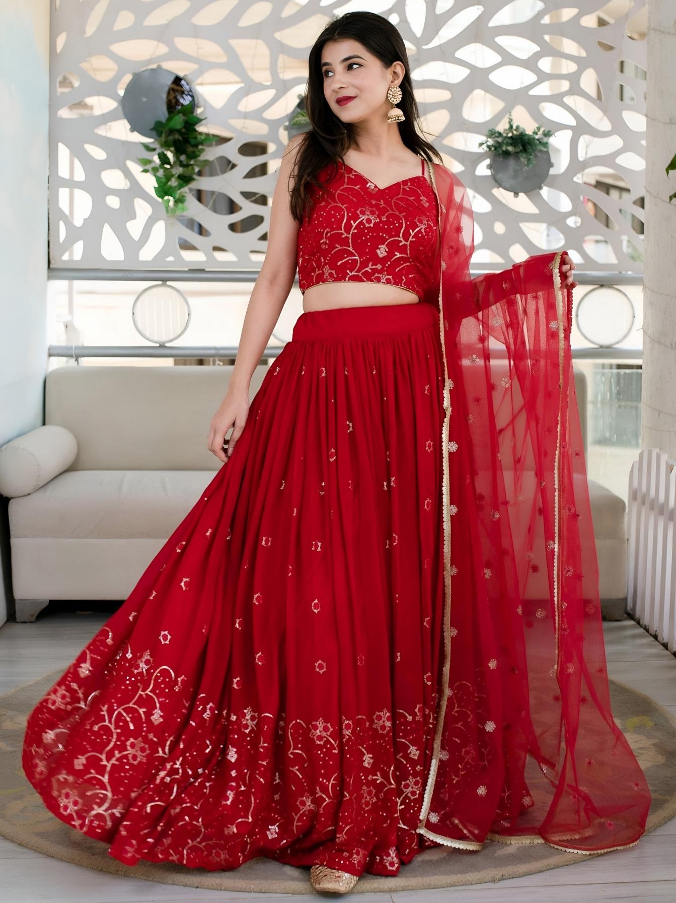 zeel clothing 15063 red colour single georgette semi stitch lehengas unstitch choli